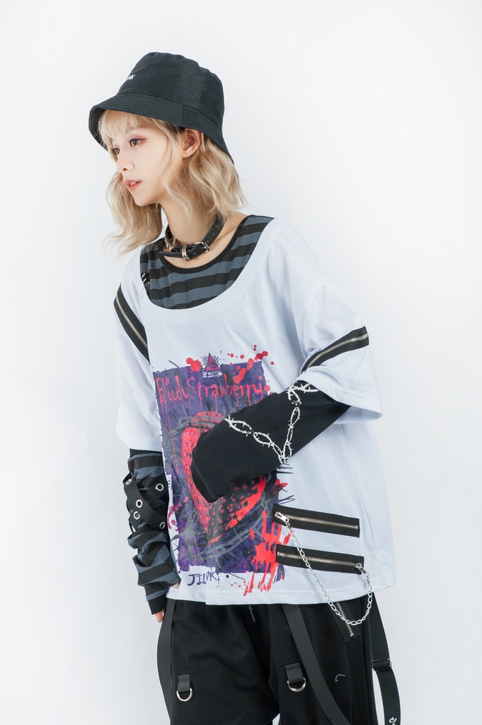 JillpunkオリジナルKERAパンクロック血染イチゴストロベリー ストライプ柄クルーネックアームカバー付き半袖Tシャツ・カットソー上着ユニセックス メンズ レディース男女兼用おしゃれV系ファッション秋葉系カッコいい 病みかわハロウィン