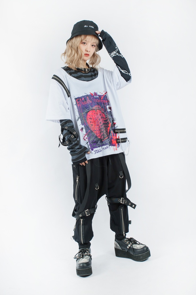 JillpunkオリジナルKERAパンクロック血染イチゴストロベリー ストライプ柄クルーネックアームカバー付き半袖Tシャツ・カットソー上着ユニセックス メンズ レディース男女兼用おしゃれV系ファッション秋葉系カッコいい 病みかわハロウィン