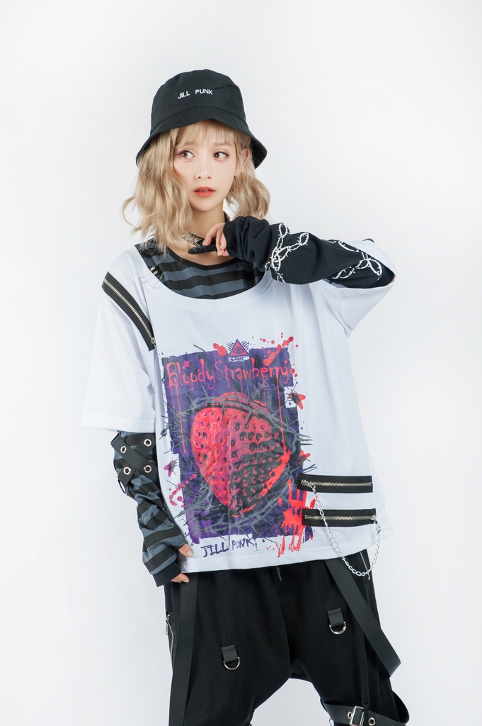 JillpunkオリジナルKERAパンクロック血染イチゴストロベリー ストライプ柄クルーネックアームカバー付き半袖Tシャツ・カットソー上着ユニセックス メンズ レディース男女兼用おしゃれV系ファッション秋葉系カッコいい 病みかわハロウィン