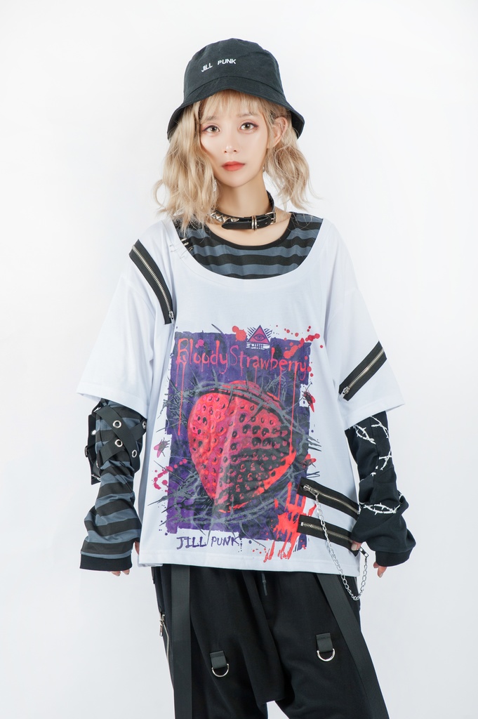 JillpunkオリジナルKERAパンクロック血染イチゴストロベリー ストライプ柄クルーネックアームカバー付き半袖Tシャツ・カットソー上着ユニセックス メンズ レディース男女兼用おしゃれV系ファッション秋葉系カッコいい 病みかわハロウィン