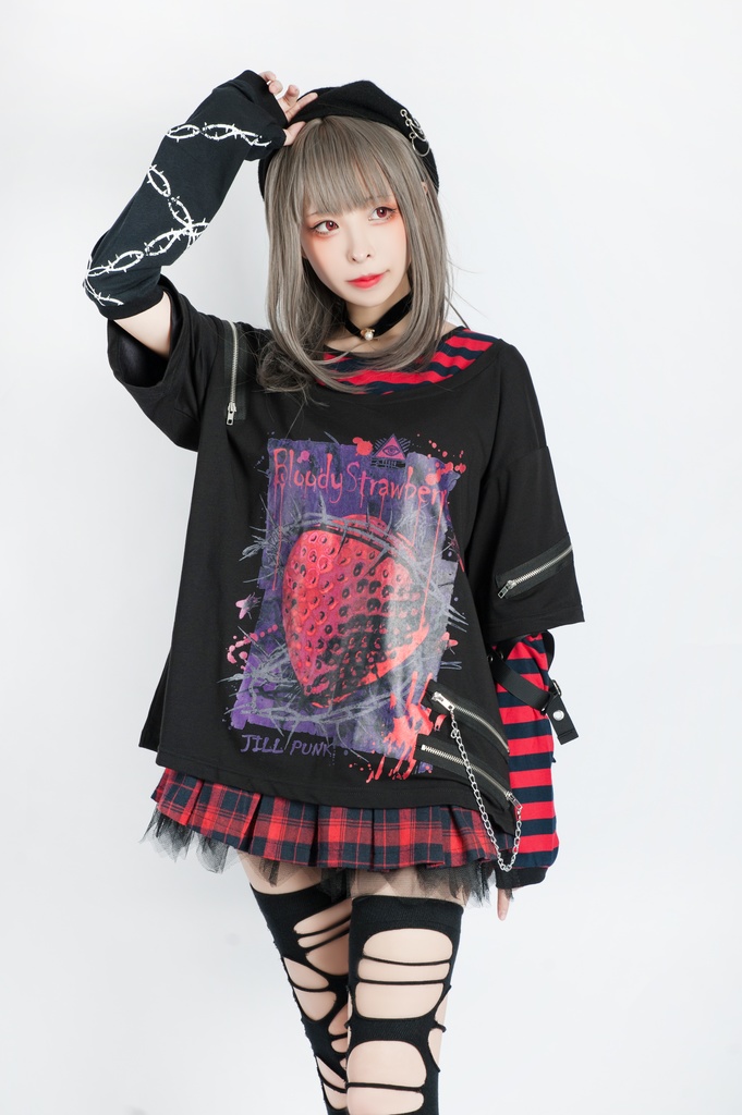 JillpunkオリジナルKERAパンクロック血染イチゴストロベリー ストライプ柄クルーネックアームカバー付き半袖Tシャツ・カットソー上着ユニセックス メンズ レディース男女兼用おしゃれV系ファッション秋葉系カッコいい 病みかわハロウィン