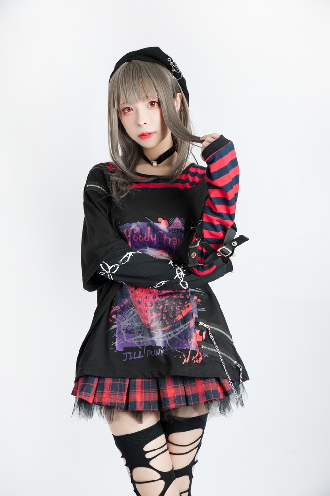 JillpunkオリジナルKERAパンクロック血染イチゴストロベリー ストライプ柄クルーネックアームカバー付き半袖Tシャツ・カットソー上着ユニセックス メンズ レディース男女兼用おしゃれV系ファッション秋葉系カッコいい 病みかわハロウィン