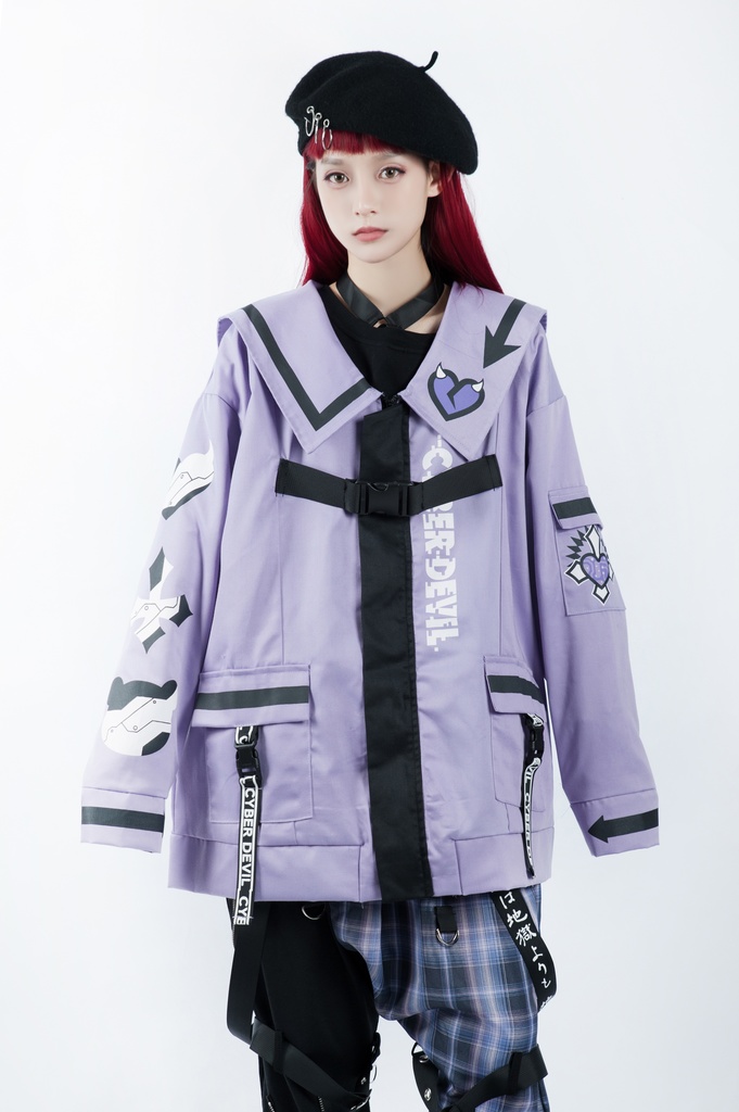 Jillpunkオリジナルお宅アニメ二次コン台湾刺青師青赤コラボeスポーツ サイバーデビルCYBERDEVILセーラーカラー装着帯ゆったりワークジャケット ユニーセックスメンズ レディー V系 おしゃれ大きいサイズ男女兼用ファッション秋葉系地雷系カッコいい