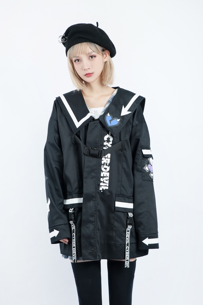 Jillpunkオリジナルお宅アニメ二次コン台湾刺青師青赤コラボeスポーツ サイバーデビルCYBERDEVILセーラーカラー装着帯ゆったりワークジャケット ユニーセックスメンズ レディー V系 おしゃれ大きいサイズ男女兼用ファッション秋葉系地雷系カッコいい