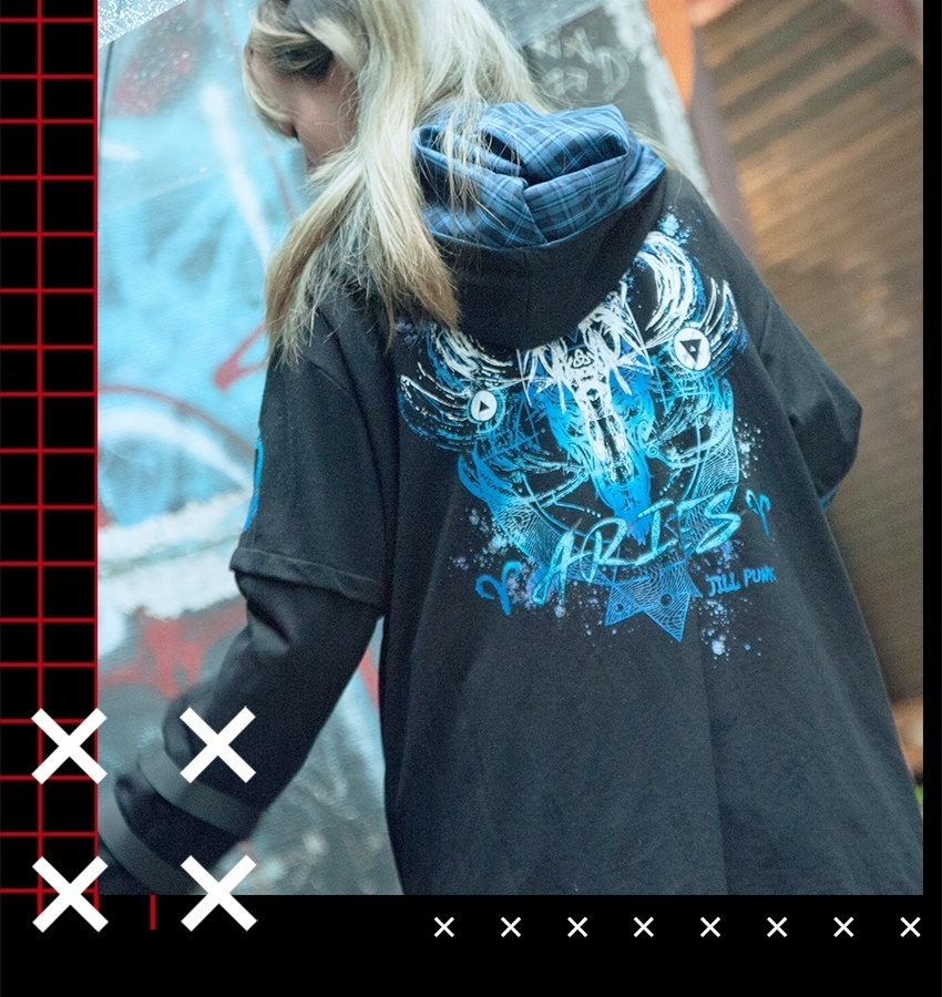 JillpunkオリジナルKERAパンクロック火炎の宿曜おひつじ牡羊座飾りチェーンハーネス安全帯タータンチェック柄アームカバーゆったりパーカージャケット カッコいいメンズ レディー V系 おしゃれ大きいサイズ男女兼用ファッション