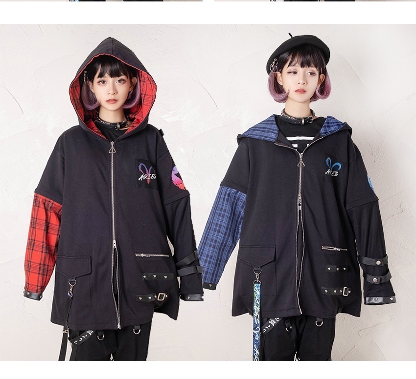 JillpunkオリジナルKERAパンクロック火炎の宿曜おひつじ牡羊座飾りチェーンハーネス安全帯タータンチェック柄アームカバーゆったりパーカージャケット カッコいいメンズ レディー V系 おしゃれ大きいサイズ男女兼用ファッション