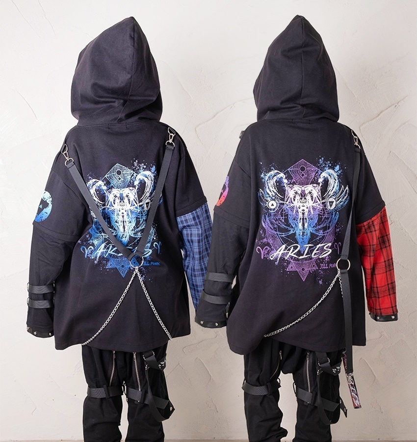 JillpunkオリジナルKERAパンクロック火炎の宿曜おひつじ牡羊座飾りチェーンハーネス安全帯タータンチェック柄アームカバーゆったりパーカージャケット カッコいいメンズ レディー V系 おしゃれ大きいサイズ男女兼用ファッション