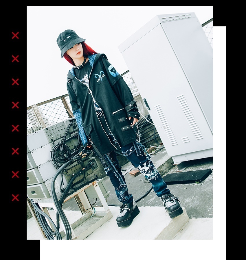 JillpunkオリジナルKERAパンクロック火炎の宿曜おひつじ牡羊座飾りチェーンハーネス安全帯タータンチェック柄アームカバーゆったりパーカージャケット カッコいいメンズ レディー V系 おしゃれ大きいサイズ男女兼用ファッション