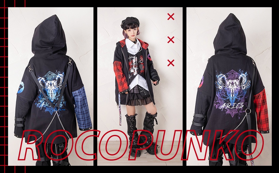 JillpunkオリジナルKERAパンクロック火炎の宿曜おひつじ牡羊座飾りチェーンハーネス安全帯タータンチェック柄アームカバーゆったりパーカージャケット カッコいいメンズ レディー V系 おしゃれ大きいサイズ男女兼用ファッション