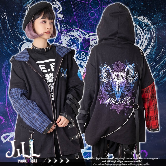 JillpunkオリジナルKERAパンクロック火炎の宿曜おひつじ牡羊座飾りチェーンハーネス安全帯タータンチェック柄アームカバーゆったりパーカージャケット カッコいいメンズ レディー V系 おしゃれ大きいサイズ男女兼用ファッション