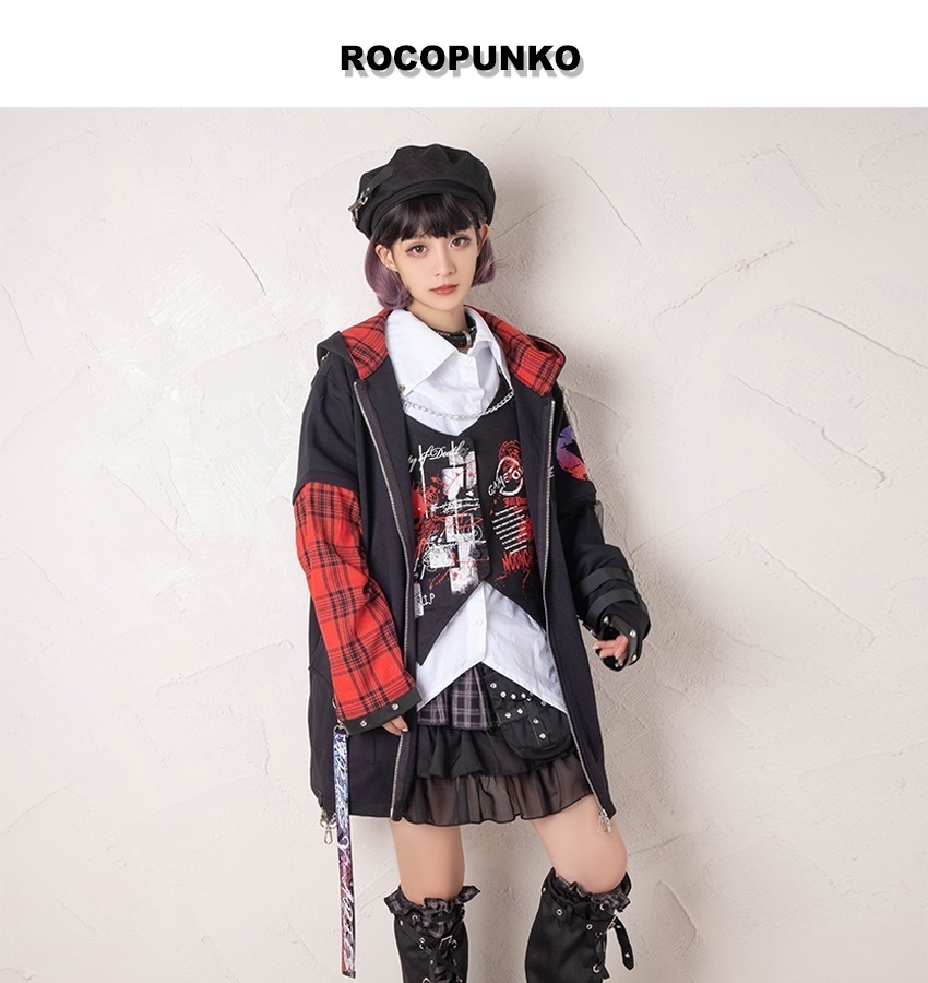 JillpunkオリジナルKERAパンクロック火炎の宿曜おひつじ牡羊座飾りチェーンハーネス安全帯タータンチェック柄アームカバーゆったりパーカージャケット カッコいいメンズ レディー V系 おしゃれ大きいサイズ男女兼用ファッション