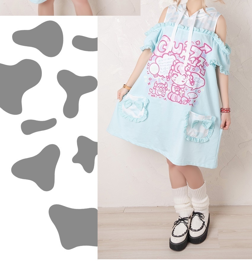 Jillpunkオリジナル二次コン可愛い不良高校天才牛乳牛プリント角フードパーカーチュニックワンピース ゆったりオフショルダーロングtシャツ フェミニンロリータ 動物Lolita森ガール レディーおしゃれファッション秋葉系萌え