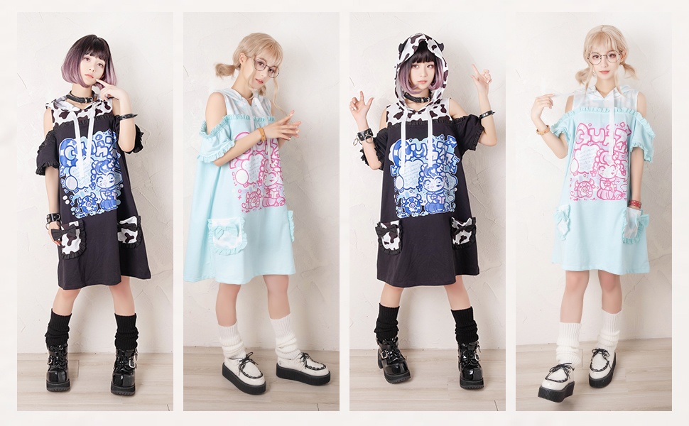 Jillpunkオリジナル二次コン可愛い不良高校天才牛乳牛プリント角フードパーカーチュニックワンピース ゆったりオフショルダーロングtシャツ フェミニンロリータ 動物Lolita森ガール レディーおしゃれファッション秋葉系萌え