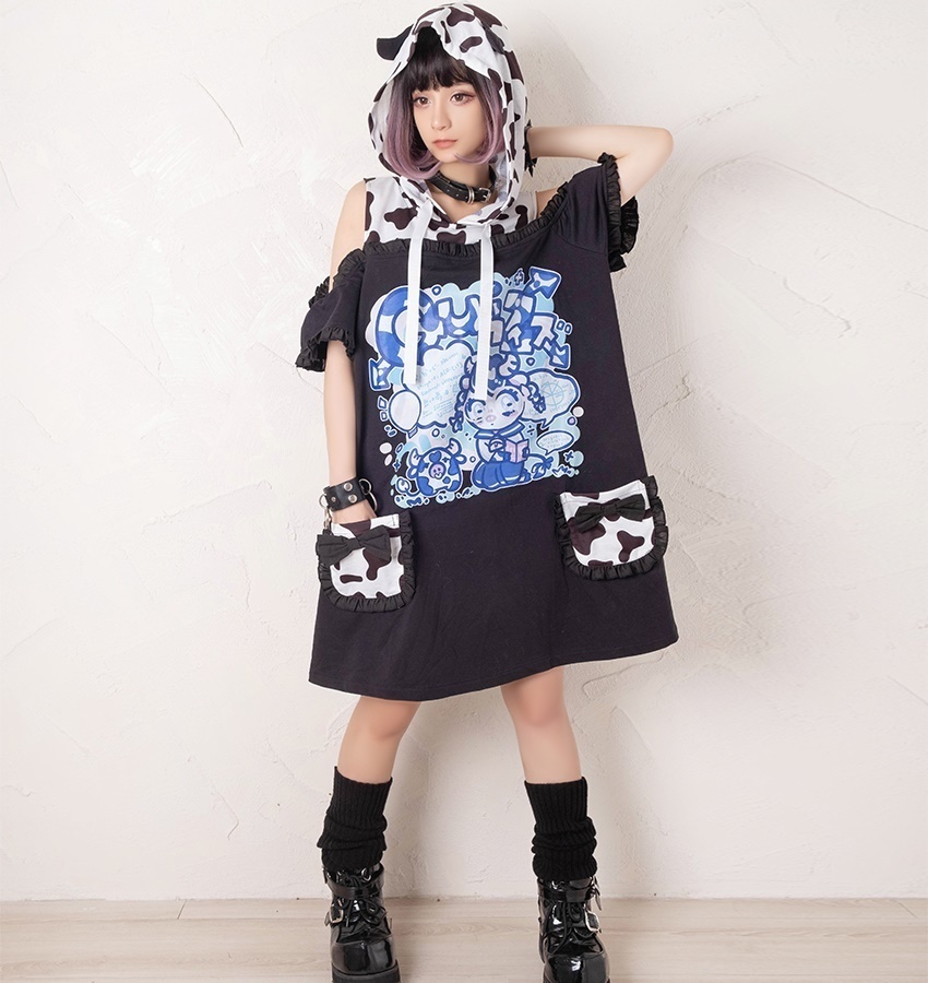 Jillpunkオリジナル二次コン可愛い不良高校天才牛乳牛プリント角フードパーカーチュニックワンピース ゆったりオフショルダーロングtシャツ フェミニンロリータ 動物Lolita森ガール レディーおしゃれファッション秋葉系萌え