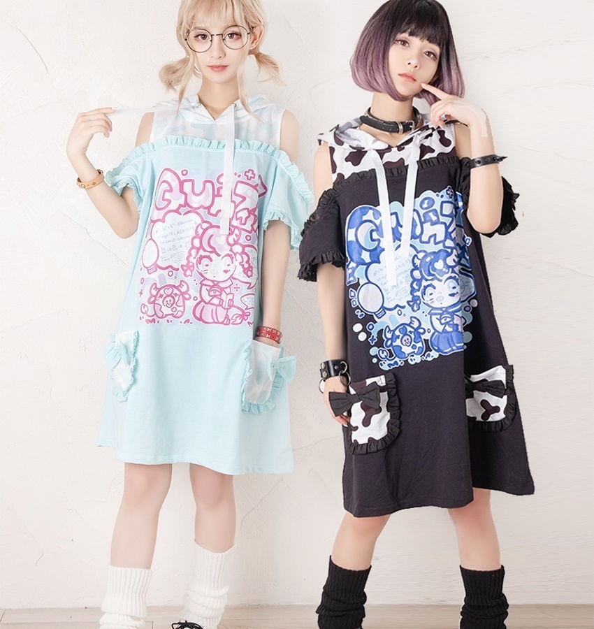 Jillpunkオリジナル二次コン可愛い不良高校天才牛乳牛プリント角フードパーカーチュニックワンピース ゆったりオフショルダーロングtシャツ フェミニンロリータ 動物Lolita森ガール レディーおしゃれファッション秋葉系萌え