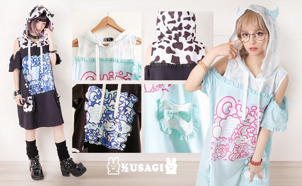 Jillpunkオリジナル二次コン可愛い不良高校天才牛乳牛プリント角フードパーカーチュニックワンピース ゆったりオフショルダーロングtシャツ フェミニンロリータ 動物Lolita森ガール レディーおしゃれファッション秋葉系萌え