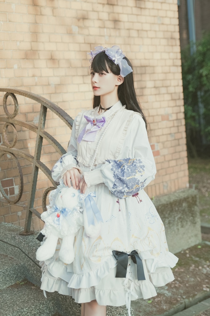 Jillpunkオリジナルゴシックロリータachooshiコラボ 時間の錯覚illusion of timeローマ数字ギルディング箔プリント貴族ロイヤルフリル長袖ワンピースシャツドレス メイド喫茶原宿秋葉原おしゃれ姫系可愛い萌え