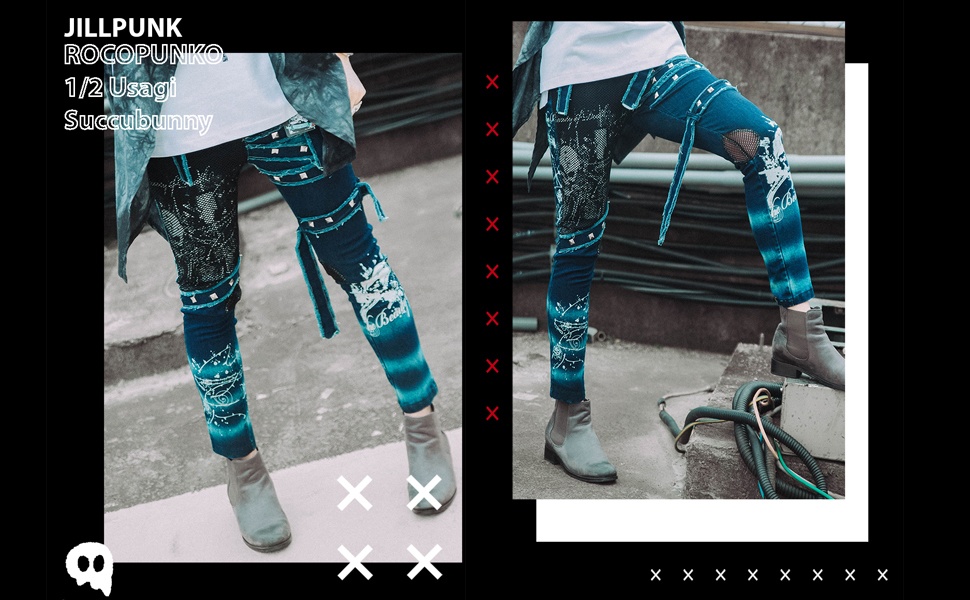 Jillpunkオリジナルパンクロック リベットスカル柄フィシュネット魚網デニム細身美脚ローウエストダメージジーンズロングパンツズボン スキニーストレッチビンテージ破れ レディー V系 おしゃれ大きいサイズ男女兼用兄系