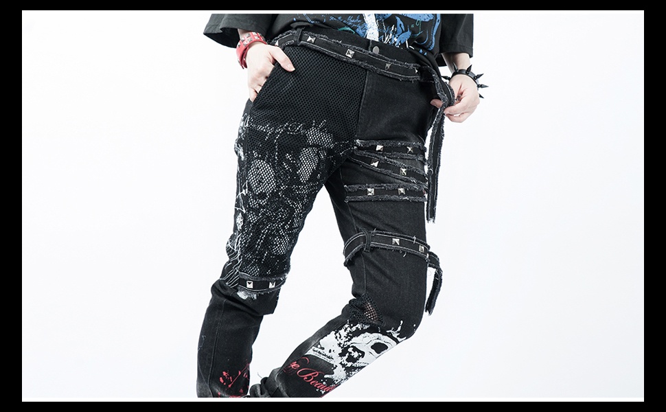 Jillpunkオリジナルパンクロック リベットスカル柄フィシュネット魚網デニム細身美脚ローウエストダメージジーンズロングパンツズボン スキニーストレッチビンテージ破れ レディー V系 おしゃれ大きいサイズ男女兼用兄系