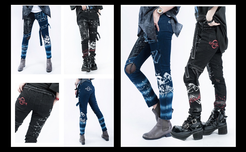 Jillpunkオリジナルパンクロック リベットスカル柄フィシュネット魚網デニム細身美脚ローウエストダメージジーンズロングパンツズボン スキニーストレッチビンテージ破れ レディー V系 おしゃれ大きいサイズ男女兼用兄系