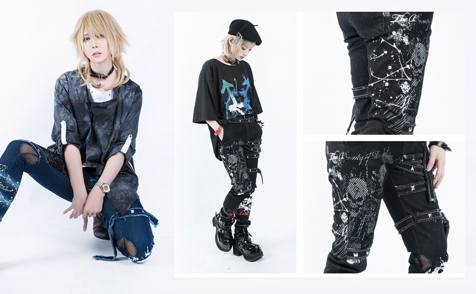 Jillpunkオリジナルパンクロック リベットスカル柄フィシュネット魚網デニム細身美脚ローウエストダメージジーンズロングパンツズボン スキニーストレッチビンテージ破れ レディー V系 おしゃれ大きいサイズ男女兼用兄系