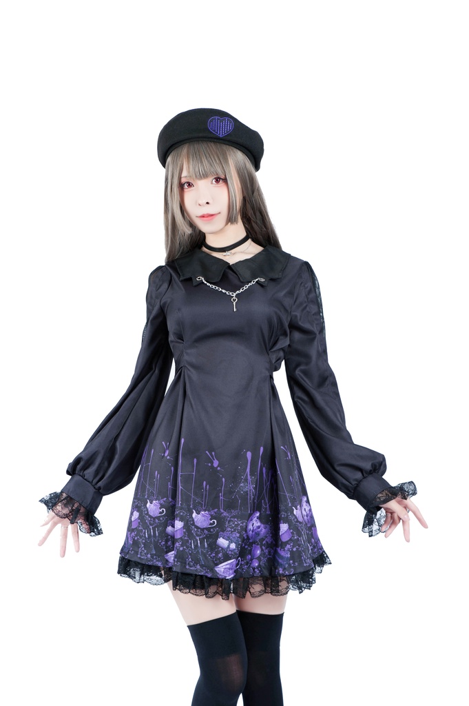 Jillpunkオリジナル二次コン 不思議のお茶会ストライプ柄ネックレス付きワンピースコウモリカラー透け長袖パーティードレス COSPLAYレディースV系 ゴシックロリータ病みカワ原宿秋葉原 おしゃれ姫系可愛い萌え