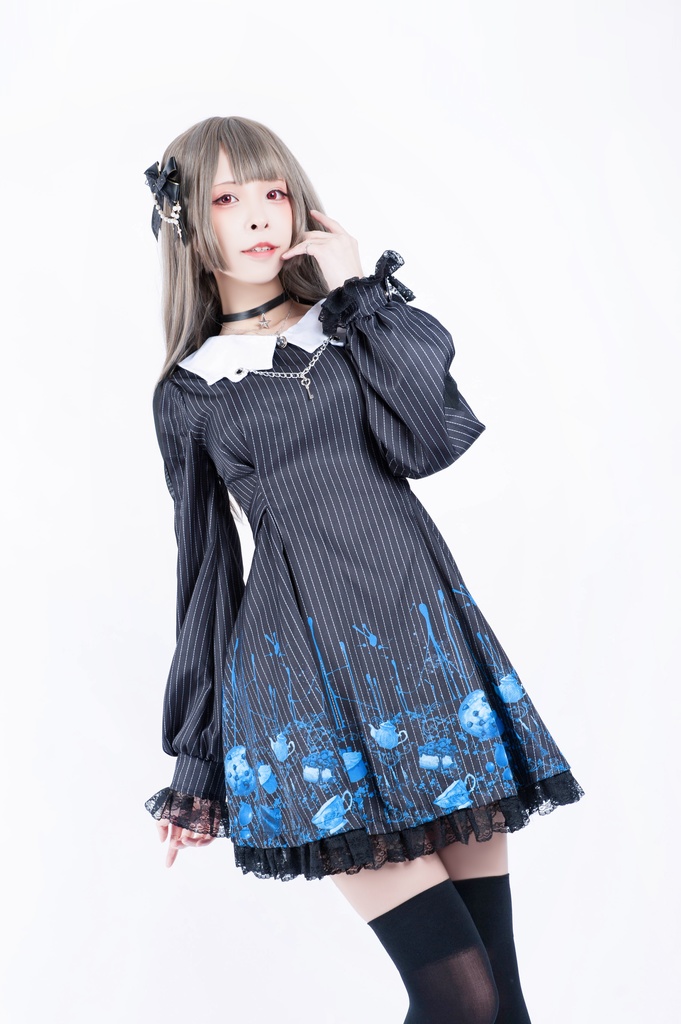 Jillpunkオリジナル二次コン 不思議のお茶会ストライプ柄ネックレス付きワンピースコウモリカラー透け長袖パーティードレス COSPLAYレディースV系 ゴシックロリータ病みカワ原宿秋葉原 おしゃれ姫系可愛い萌え
