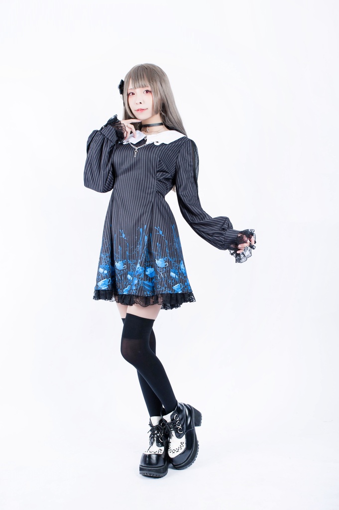 Jillpunkオリジナル二次コン 不思議のお茶会ストライプ柄ネックレス付きワンピースコウモリカラー透け長袖パーティードレス COSPLAYレディースV系 ゴシックロリータ病みカワ原宿秋葉原 おしゃれ姫系可愛い萌え