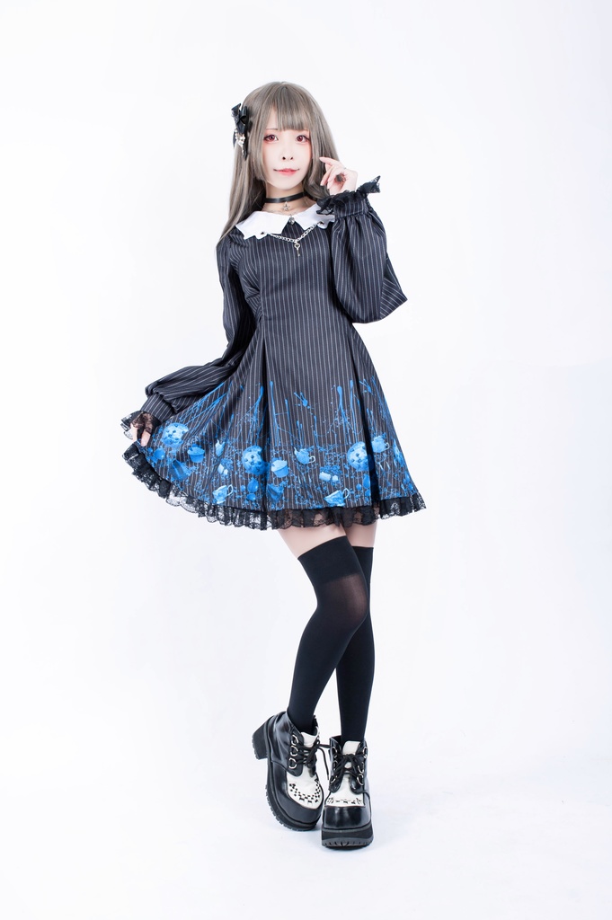 Jillpunkオリジナル二次コン 不思議のお茶会ストライプ柄ネックレス付きワンピースコウモリカラー透け長袖パーティードレス COSPLAYレディースV系 ゴシックロリータ病みカワ原宿秋葉原 おしゃれ姫系可愛い萌え