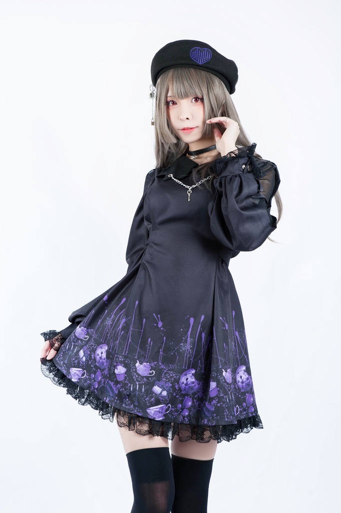 Jillpunkオリジナル二次コン 不思議のお茶会ストライプ柄ネックレス付きワンピースコウモリカラー透け長袖パーティードレス COSPLAYレディースV系 ゴシックロリータ病みカワ原宿秋葉原 おしゃれ姫系可愛い萌え