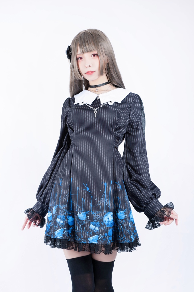 Jillpunkオリジナル二次コン 不思議のお茶会ストライプ柄ネックレス付きワンピースコウモリカラー透け長袖パーティードレス COSPLAYレディースV系 ゴシックロリータ病みカワ原宿秋葉原 おしゃれ姫系可愛い萌え