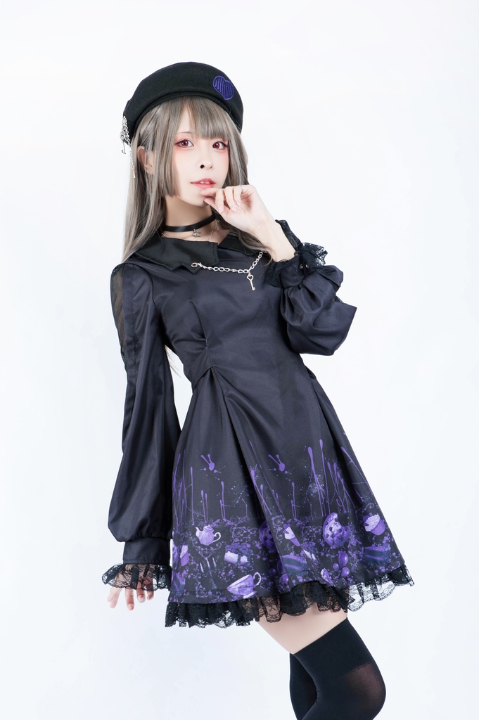 Jillpunkオリジナル二次コン 不思議のお茶会ストライプ柄ネックレス付きワンピースコウモリカラー透け長袖パーティードレス COSPLAYレディースV系 ゴシックロリータ病みカワ原宿秋葉原 おしゃれ姫系可愛い萌え