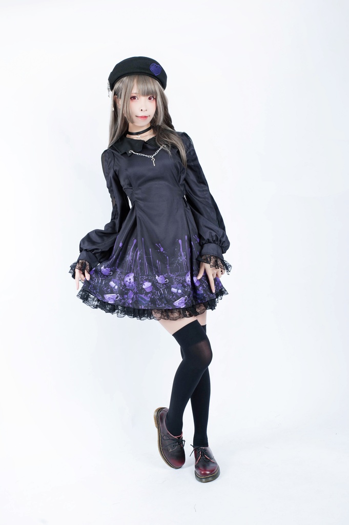 Jillpunkオリジナル二次コン 不思議のお茶会ストライプ柄ネックレス付きワンピースコウモリカラー透け長袖パーティードレス COSPLAYレディースV系 ゴシックロリータ病みカワ原宿秋葉原 おしゃれ姫系可愛い萌え