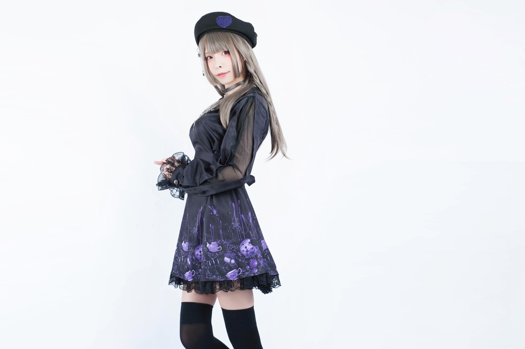 Jillpunkオリジナル二次コン 不思議のお茶会ストライプ柄ネックレス付きワンピースコウモリカラー透け長袖パーティードレス COSPLAYレディースV系 ゴシックロリータ病みカワ原宿秋葉原 おしゃれ姫系可愛い萌え