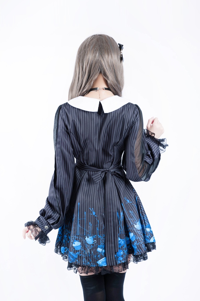 Jillpunkオリジナル二次コン 不思議のお茶会ストライプ柄ネックレス付きワンピースコウモリカラー透け長袖パーティードレス COSPLAYレディースV系 ゴシックロリータ病みカワ原宿秋葉原 おしゃれ姫系可愛い萌え