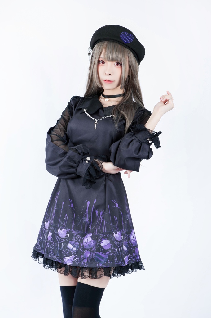 Jillpunkオリジナル二次コン 不思議のお茶会ストライプ柄ネックレス付きワンピースコウモリカラー透け長袖パーティードレス COSPLAYレディースV系 ゴシックロリータ病みカワ原宿秋葉原 おしゃれ姫系可愛い萌え