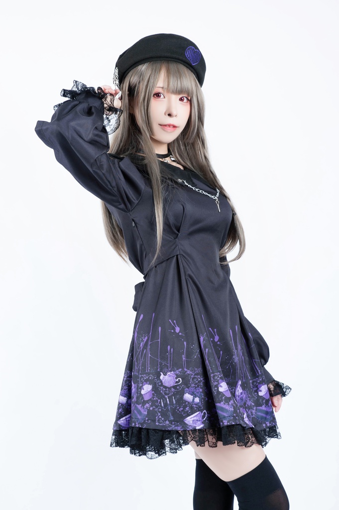 Jillpunkオリジナル二次コン 不思議のお茶会ストライプ柄ネックレス付きワンピースコウモリカラー透け長袖パーティードレス COSPLAYレディースV系 ゴシックロリータ病みカワ原宿秋葉原 おしゃれ姫系可愛い萌え