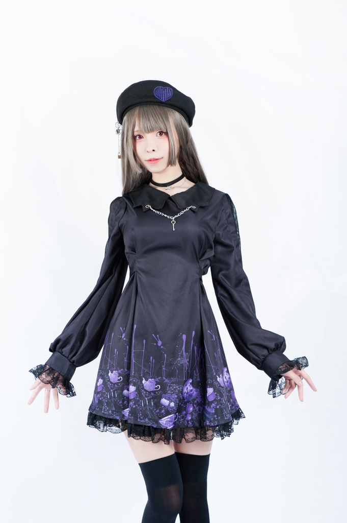 Jillpunkオリジナル二次コン 不思議のお茶会ストライプ柄ネックレス付きワンピースコウモリカラー透け長袖パーティードレス COSPLAYレディースV系 ゴシックロリータ病みカワ原宿秋葉原 おしゃれ姫系可愛い萌え