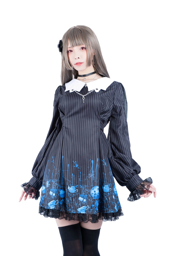 Jillpunkオリジナル二次コン 不思議のお茶会ストライプ柄ネックレス付きワンピースコウモリカラー透け長袖パーティードレス COSPLAYレディースV系 ゴシックロリータ病みカワ原宿秋葉原 おしゃれ姫系可愛い萌え
