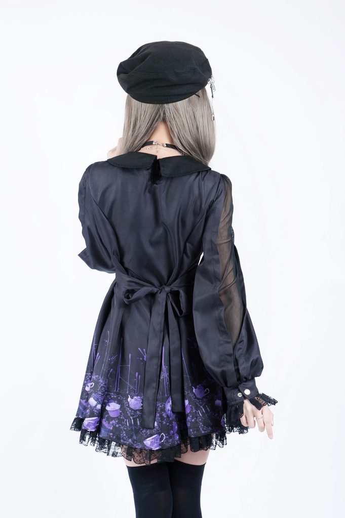 Jillpunkオリジナル二次コン 不思議のお茶会ストライプ柄ネックレス付きワンピースコウモリカラー透け長袖パーティードレス COSPLAYレディースV系 ゴシックロリータ病みカワ原宿秋葉原 おしゃれ姫系可愛い萌え