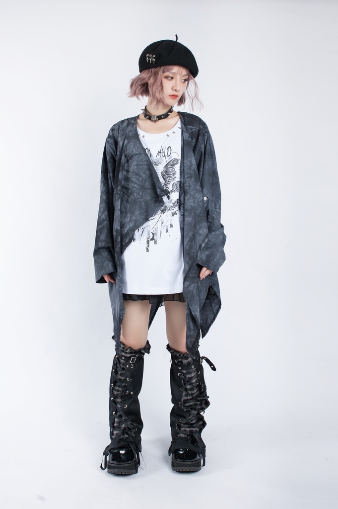 JillpunkオリジナルパンクKERA ムーンライト⋆哀歌朧な月影プリント退廃的ブリーチ重ね着風レイヤードゆったり長袖カットソーTシャツ メンズ レディーズ おしゃれ男女兼用ファッション原宿秋葉系カッコいい