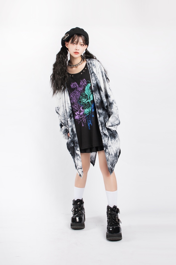 JillpunkオリジナルパンクKERA ムーンライト⋆哀歌朧な月影プリント退廃的ブリーチ重ね着風レイヤードゆったり長袖カットソーTシャツ メンズ レディーズ おしゃれ男女兼用ファッション原宿秋葉系カッコいい