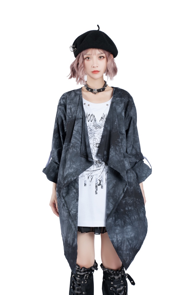 JillpunkオリジナルパンクKERA ムーンライト⋆哀歌朧な月影プリント退廃的ブリーチ重ね着風レイヤードゆったり長袖カットソーTシャツ メンズ レディーズ おしゃれ男女兼用ファッション原宿秋葉系カッコいい