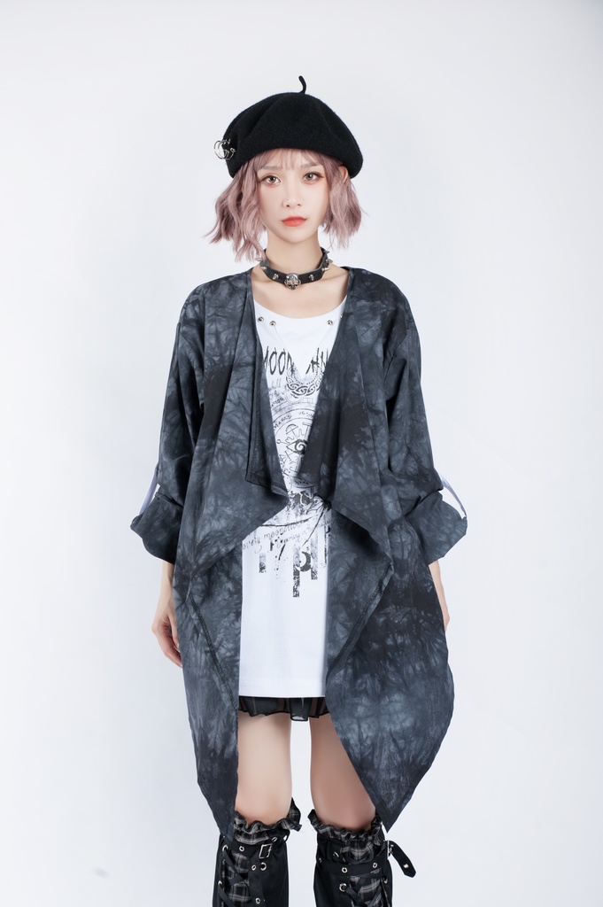 JillpunkオリジナルパンクKERA ムーンライト⋆哀歌朧な月影プリント退廃的ブリーチ重ね着風レイヤードゆったり長袖カットソーTシャツ メンズ レディーズ おしゃれ男女兼用ファッション原宿秋葉系カッコいい