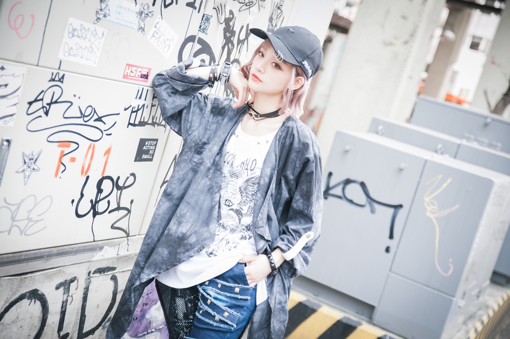 JillpunkオリジナルパンクKERA ムーンライト⋆哀歌朧な月影プリント退廃的ブリーチ重ね着風レイヤードゆったり長袖カットソーTシャツ メンズ レディーズ おしゃれ男女兼用ファッション原宿秋葉系カッコいい