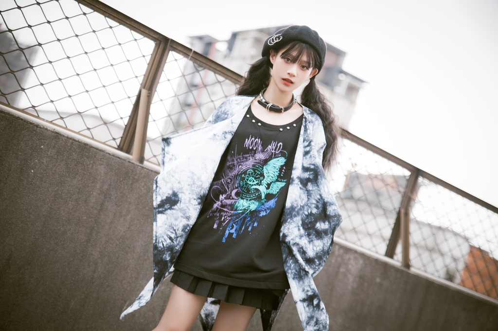 JillpunkオリジナルパンクKERA ムーンライト⋆哀歌朧な月影プリント退廃的ブリーチ重ね着風レイヤードゆったり長袖カットソーTシャツ メンズ レディーズ おしゃれ男女兼用ファッション原宿秋葉系カッコいい