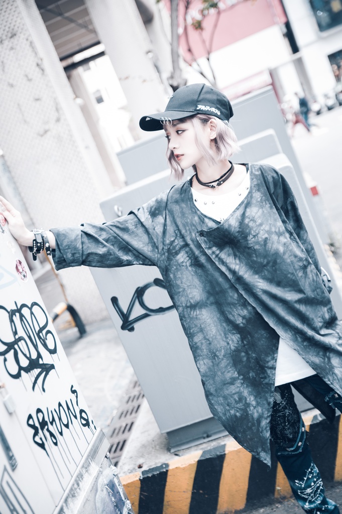 JillpunkオリジナルパンクKERA ムーンライト⋆哀歌朧な月影プリント退廃的ブリーチ重ね着風レイヤードゆったり長袖カットソーTシャツ メンズ レディーズ おしゃれ男女兼用ファッション原宿秋葉系カッコいい