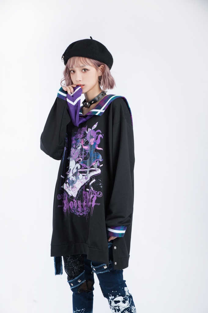 Jillpunkオリジナル二次コン 暗闇の童話セーラー長袖兎耳水兵服ネックタイベルト付きチュニックワンピース サイドスリットドレスタータンチェック柄 COSPLAYレディースV系 病みカワ原宿秋葉系 おしゃれ地雷系可愛い萌え