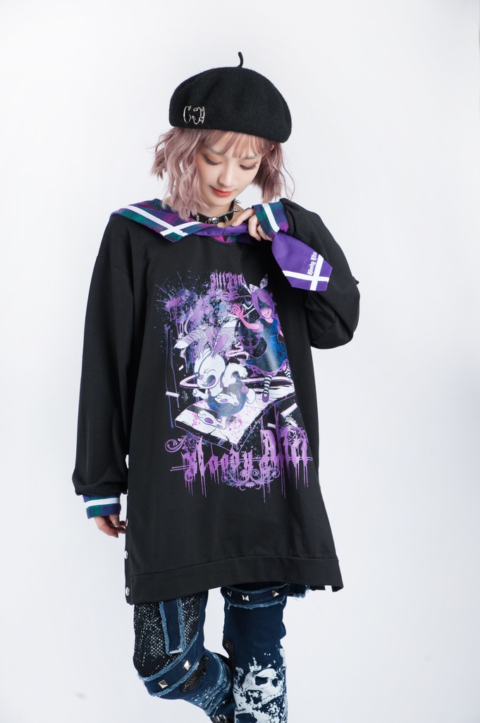 Jillpunkオリジナル二次コン 暗闇の童話セーラー長袖兎耳水兵服ネックタイベルト付きチュニックワンピース サイドスリットドレスタータンチェック柄 COSPLAYレディースV系 病みカワ原宿秋葉系 おしゃれ地雷系可愛い萌え