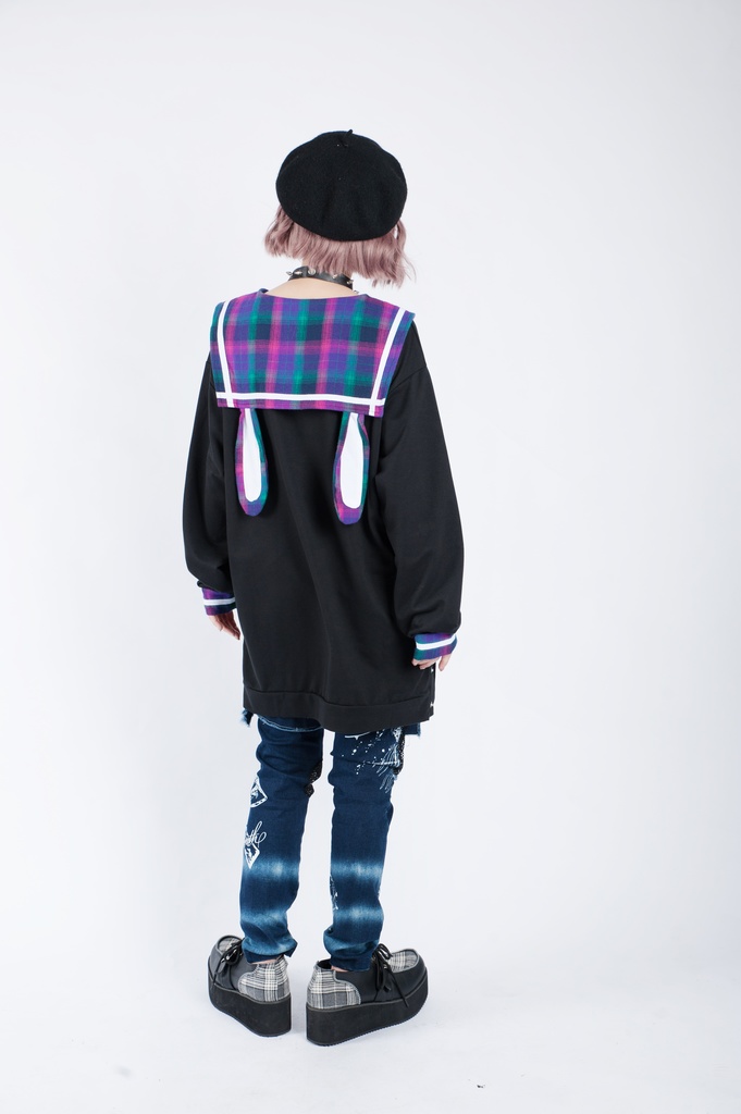 Jillpunkオリジナル二次コン 暗闇の童話セーラー長袖兎耳水兵服ネックタイベルト付きチュニックワンピース サイドスリットドレスタータンチェック柄 COSPLAYレディースV系 病みカワ原宿秋葉系 おしゃれ地雷系可愛い萌え